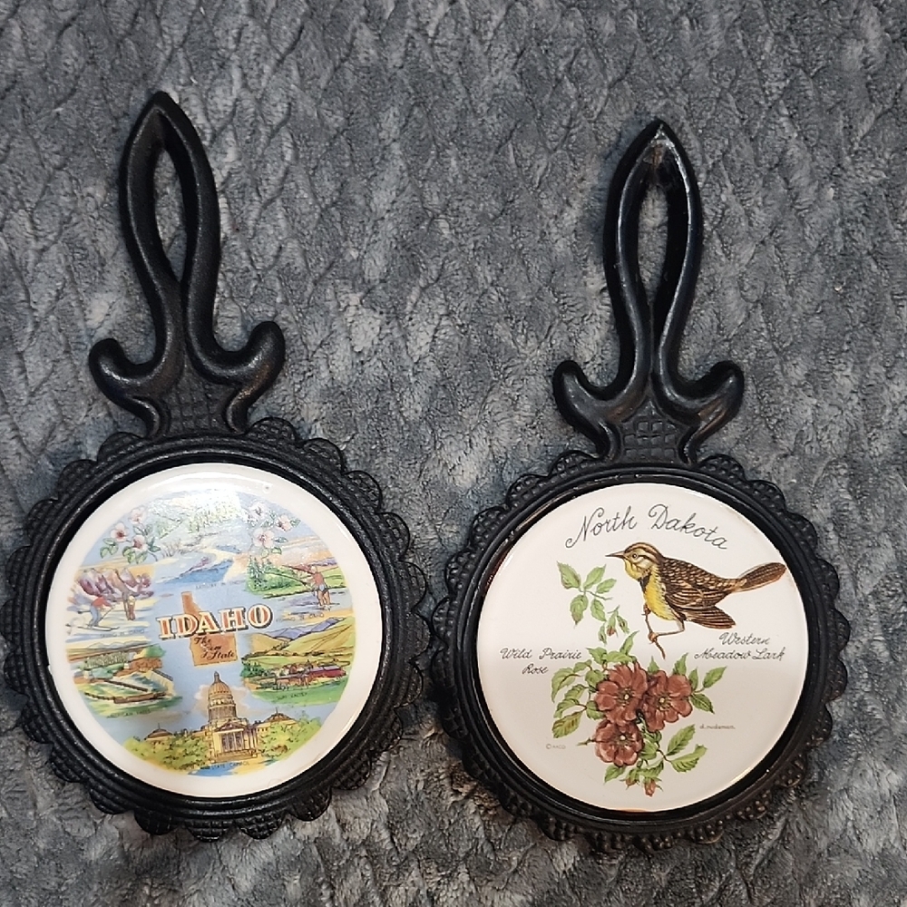 Vintage Idaho and North Dakota Cast Iron Trivets